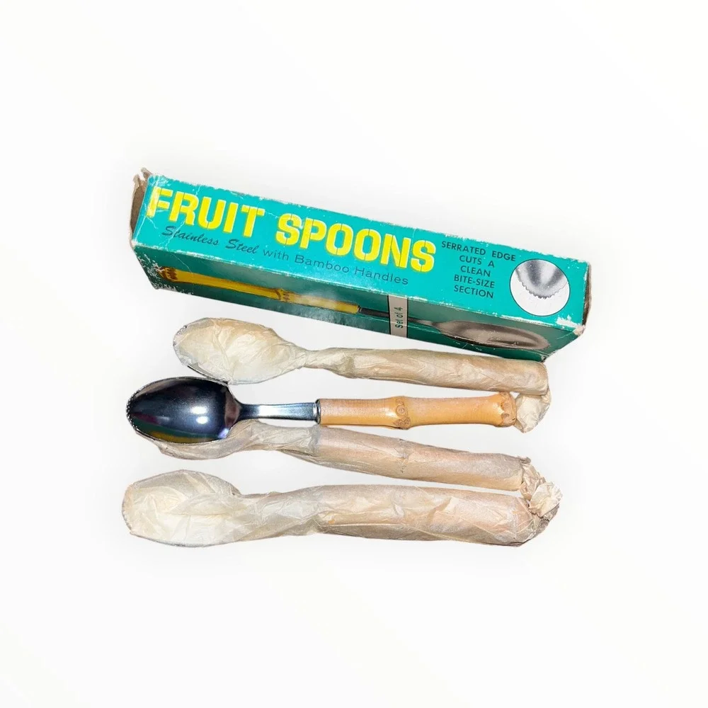 Vintage Stainless Steel Fruit Spoons Set of 4 Bamboo Handles Serrated Japan MCM